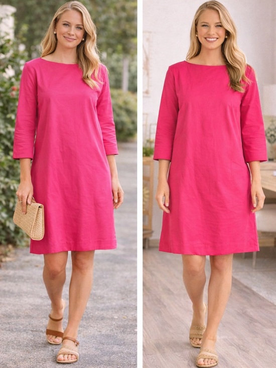 COS Dresses & Skirts - COS Bright Pink Shift Dress Cotton Stretch 3/4 Sleeve Knee Length Size 12